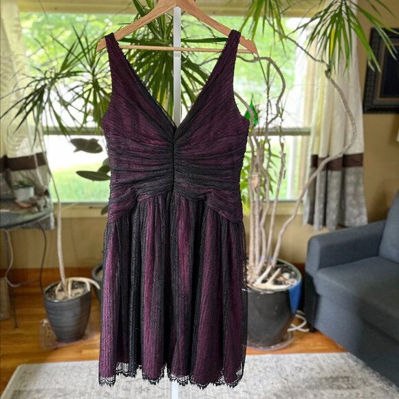 Carmen Marc Valvo Lace Black Dress Silk Underlay Fuchsia Slip under Lace 16 NWOT - Picture 3 of 12